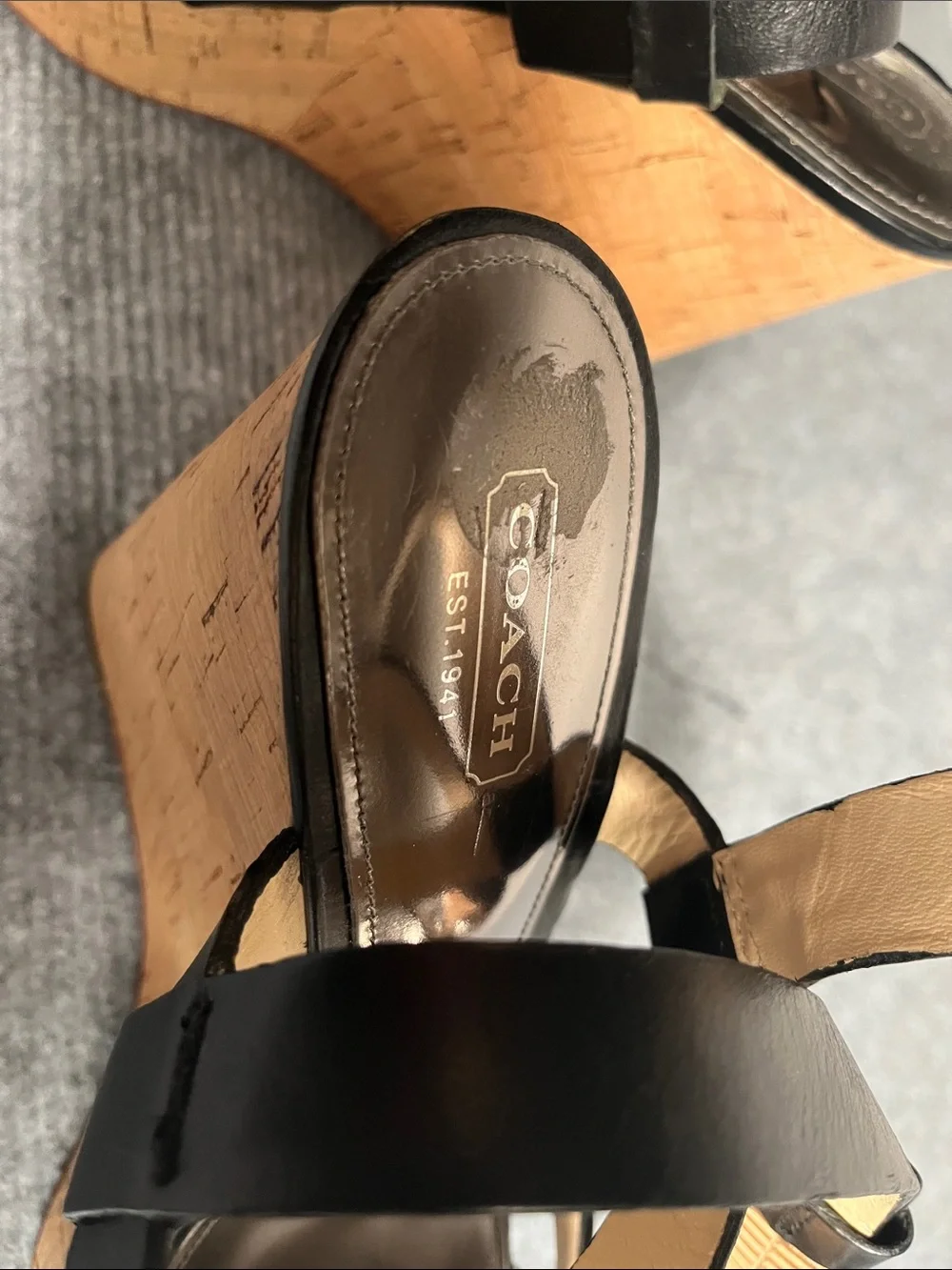 Coach Black Leather Cork Platform Heeled Sandals